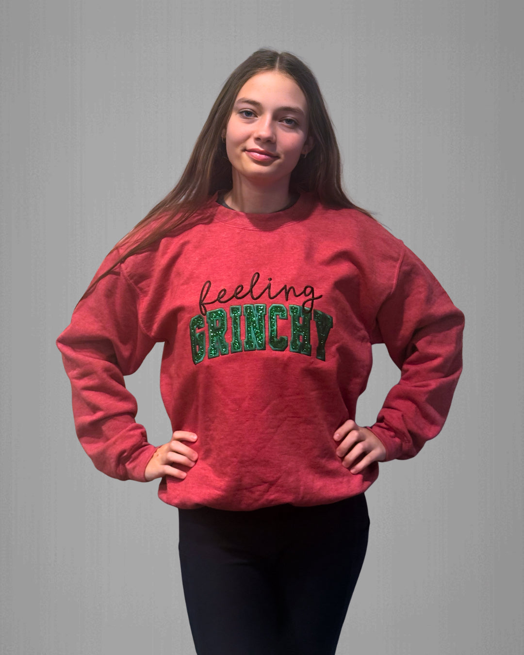 **Pre-Order** Embroidered “Feeling Grinchy” with Glitter Appliqué