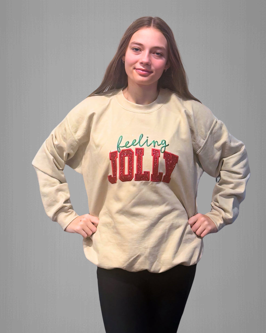 **Pre-Order** Embroidered “Feeling Jolly” with Glitter Appliqué